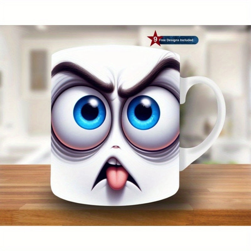 Tailorly White Ceramic 11 oz Mug - 9 Png Designs Included Animated Grumpy Expression With Vivid Blue Eyes And Expressive Brows Face