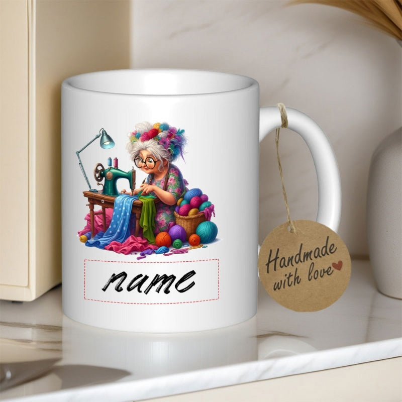 Tailorly White Ceramic 11 oz Mug - Handmade With Love Name Elderly Woman Sewing At A Vintage Machine With Colorful Yarn Mug