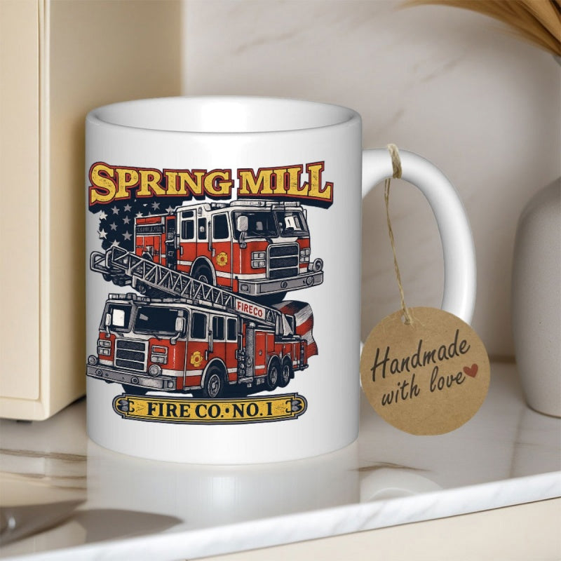 Tailorly White Ceramic 11 oz Mug - Spring Mill Fire Co No 1 Detailed Vintage Red Emergency Vehicles Under American Flag Firetruck