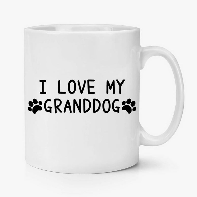 Tailorly White Ceramic 11 oz Mug - I Love My Granddog Minimalist Black Ink Lettering Placed Between Two Cute Symmetrical Animal Paw