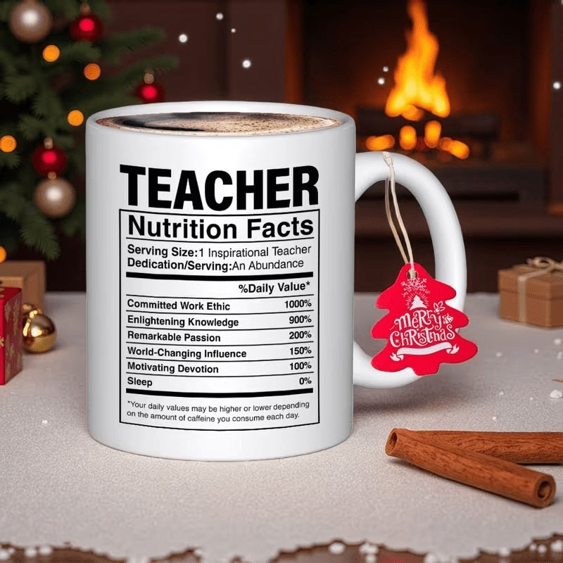 Tailorly White Ceramic 11 oz Mug - Teacher Nutrition Facts Classic Showing Informational Label With Black Text Mug