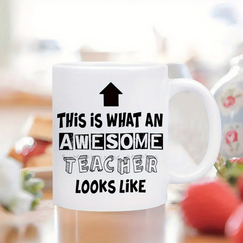 Tailorly White Ceramic 11 oz Mug - This Is What An Awesome Teacher Looks Like Bold Typographic Layout With A Solid Black Minimalist Arrow