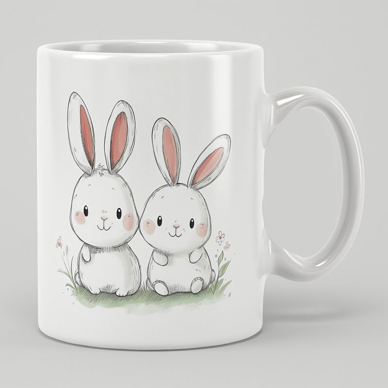Tailorly White Ceramic 11 oz Mug - Two Cute Hand Drawn Watercolor Bunnies Sitting Together On Green Grass Rabbit