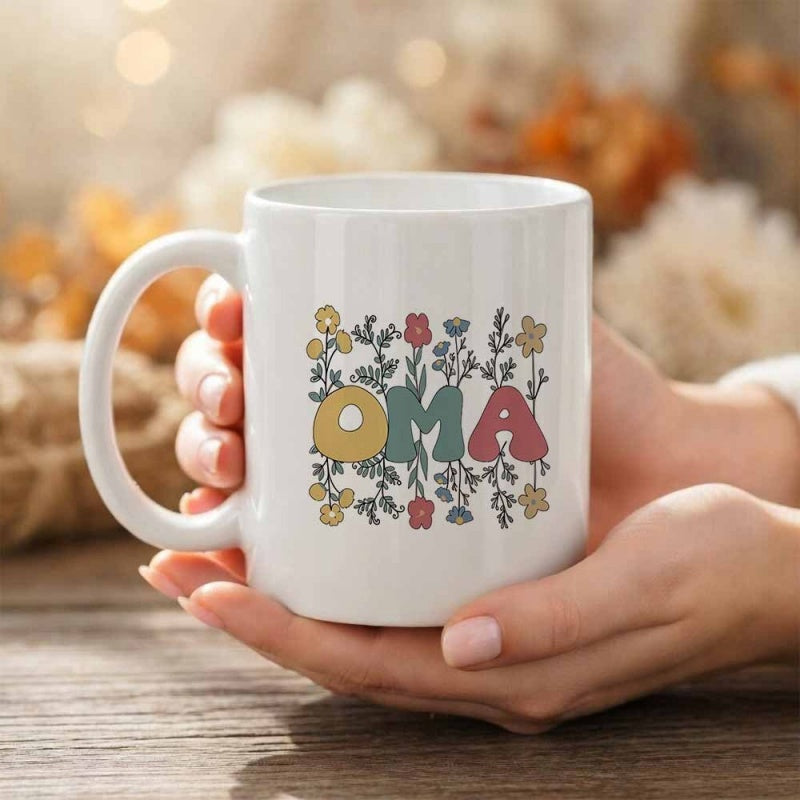 Tailorly White Ceramic 11 oz Mug - Oma Vintage Wildflowers Blooming With Colorful Petals And Delicate Greenery Flower