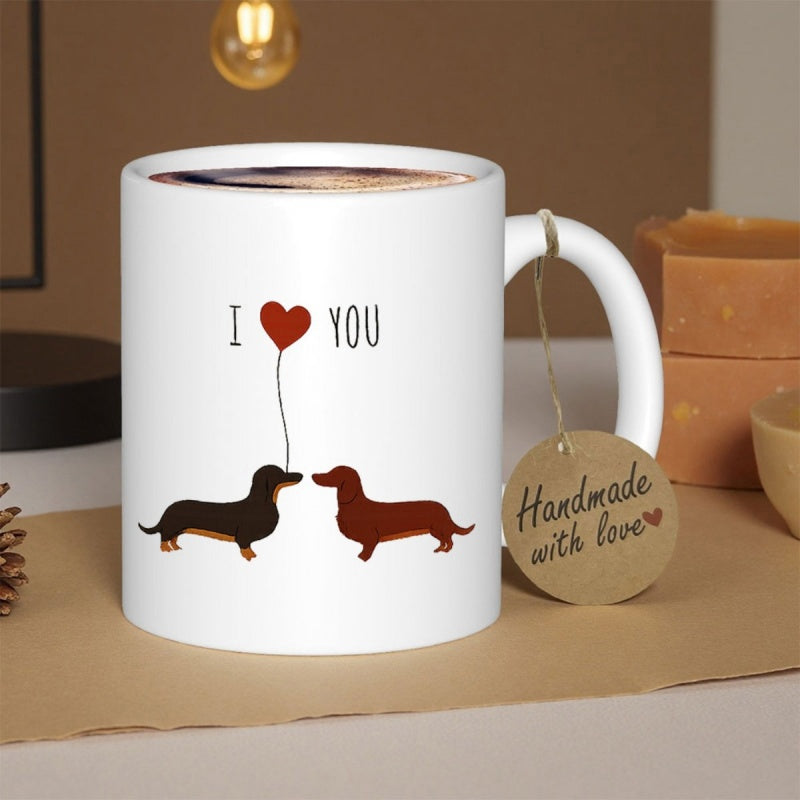 Tailorly White Ceramic 11 oz Mug - I Love You Two Lovely Dachshunds Sharing A Floating Red Heart Balloon Dachshund