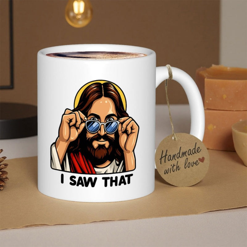 Tailorly White Ceramic 11 oz Mug - I Saw That Cool Religious Figure Wearing Blue Sunglasses Adjusting His Frames Jesus