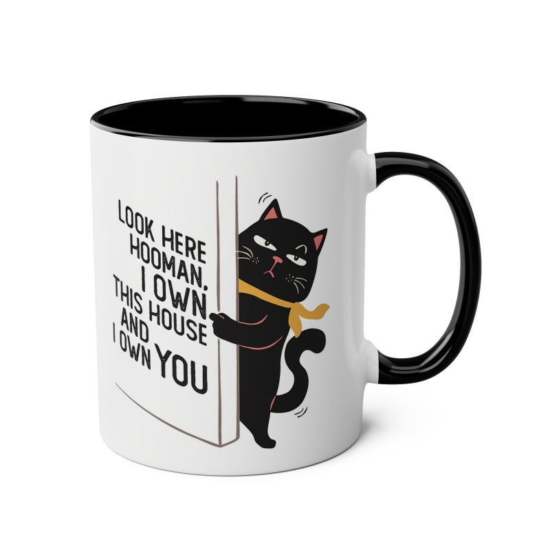 Tailorly Black Accent 11 oz Mug - funny black "look here" humorous text