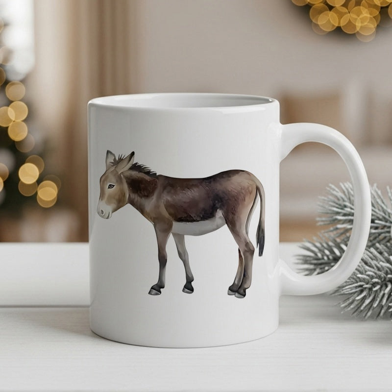 Tailorly White Ceramic 11 oz Mug - Realistic Hand Painted Brown Donkey Standing On Pure White Ceramic Donkey