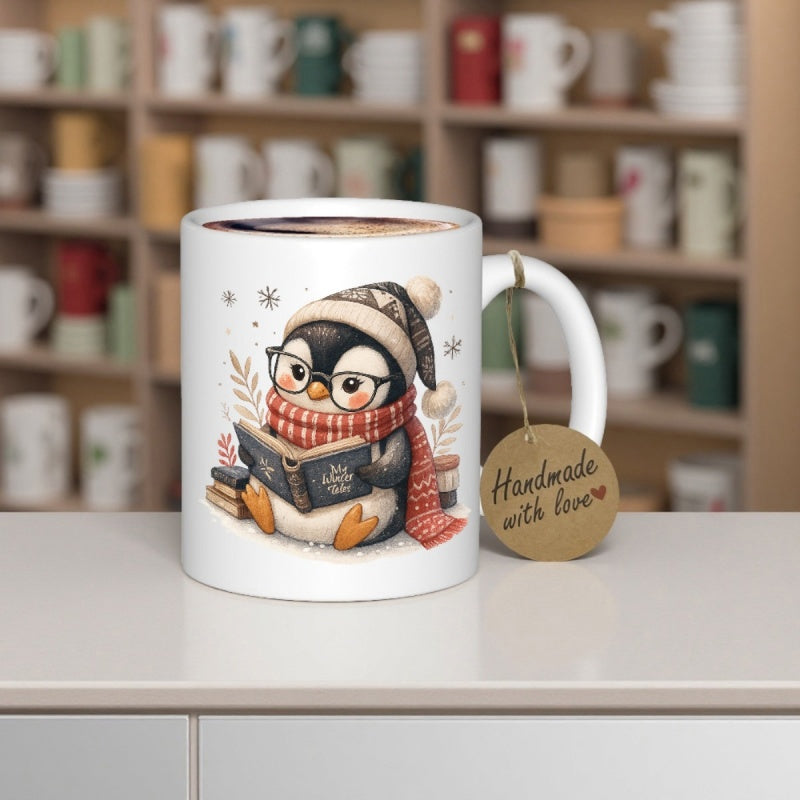 Tailorly White Ceramic 11 oz Mug - Handmade With Love Adorable Winter Penguin Wearing Glasses Reading A Storybook Penguin