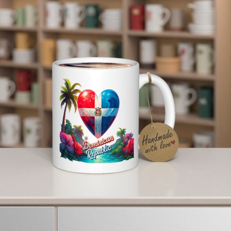 Tailorly White Ceramic 11 oz Mug - Dominican Republic Vibrant Tropical Palm Trees With Ocean Waves And Floral Scenery Heart