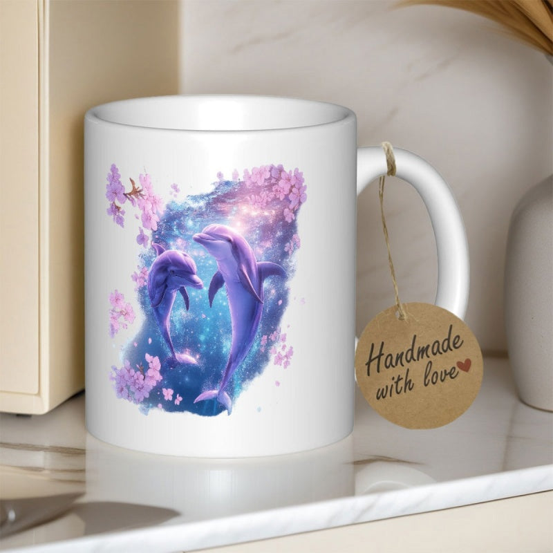 Tailorly White Ceramic 11 oz Mug - Majestic Purple Dolphins Swimming Through Ethereal Space Surrounded By Pink Flowers Dolphin