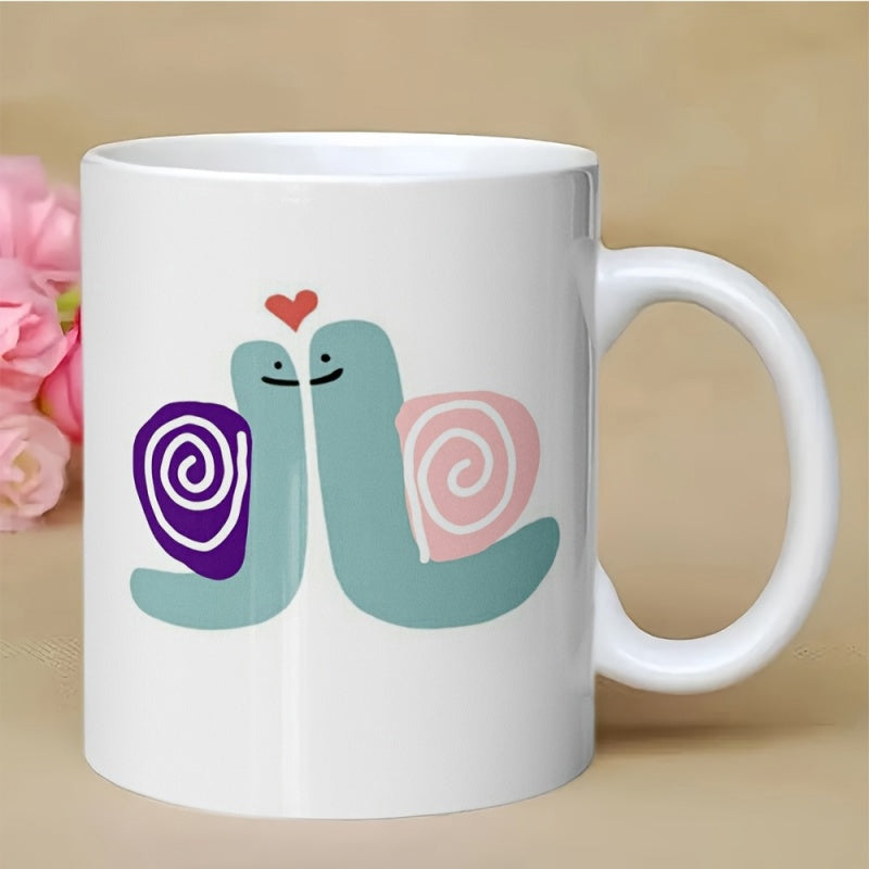 Tailorly White Ceramic 11 oz Mug - Whimsical Minimalist Cartoon Snails Facing Each Other Under Small Red Heart Snails