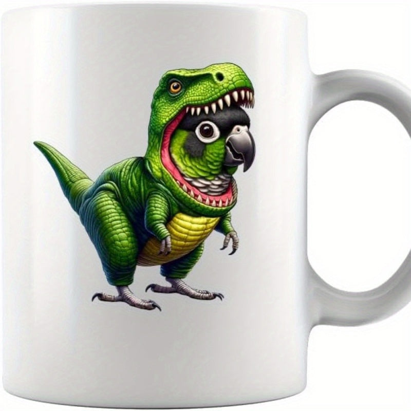 Tailorly White Ceramic 11 oz Mug - Small Green Parrot Wearing A Ferocious Prehistoric Dinosaur Costume Bird