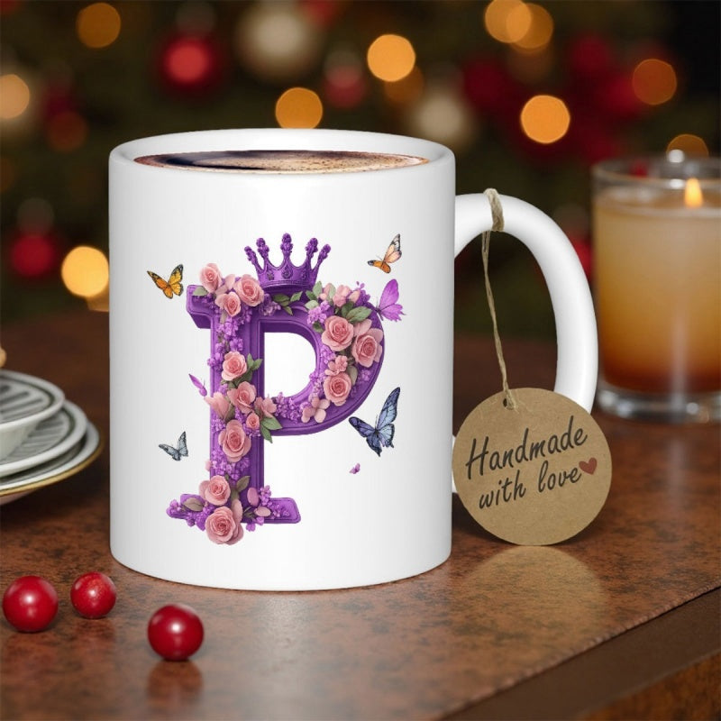 Tailorly White Ceramic 11 oz Mug - Handmade With Love Elegant Purple Initial P Adorned With Pink Roses And Fluttering Butterflies Letter