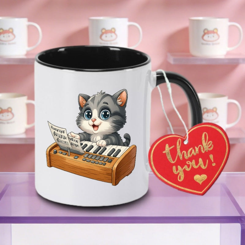 Tailorly Black Accent 11 oz Mug - cute cat playing piano