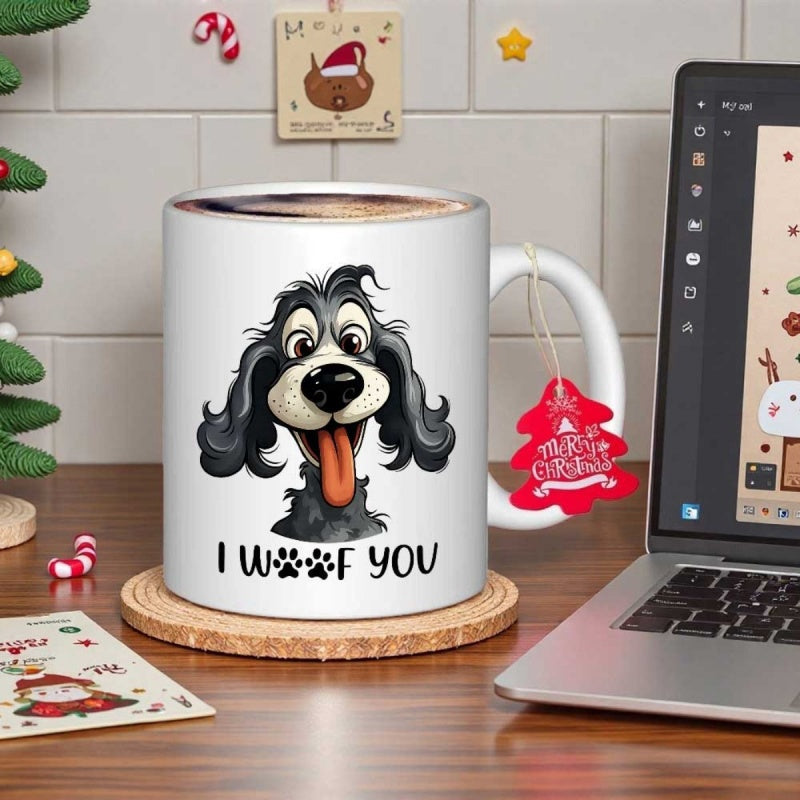 Tailorly White Ceramic 11 oz Mug - I Woof You Adorable Cartoon Black Dog With Long Floppy Ears And Wagging Tongue Dog