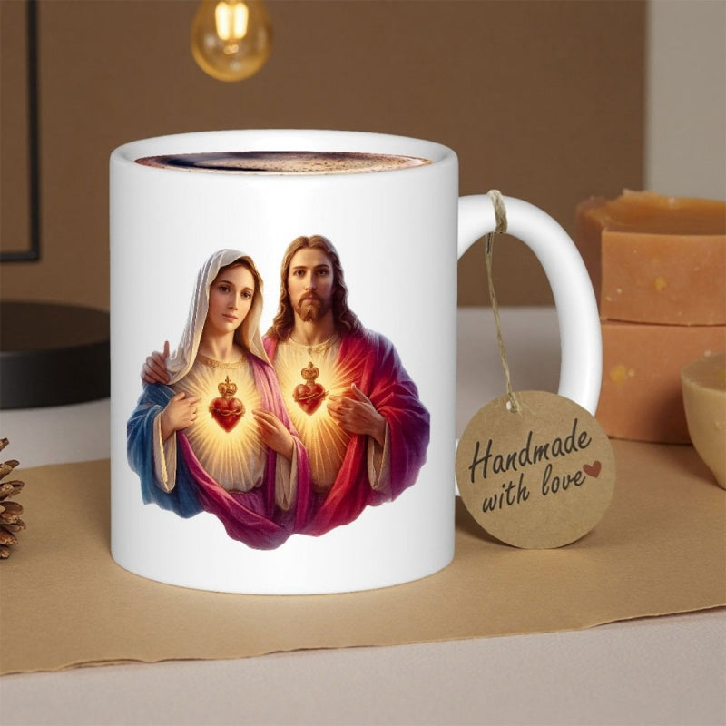 Tailorly White Ceramic 11 oz Mug - Sacred Heart Of Jesus And Mary With Glowing Light Portrait