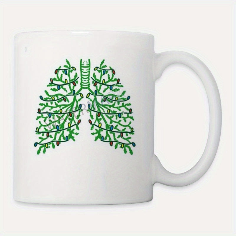 Tailorly White Ceramic 11 oz Mug - Green Tree Branches Decorated With Shining Colorful Festive Holiday String Lights Lungs