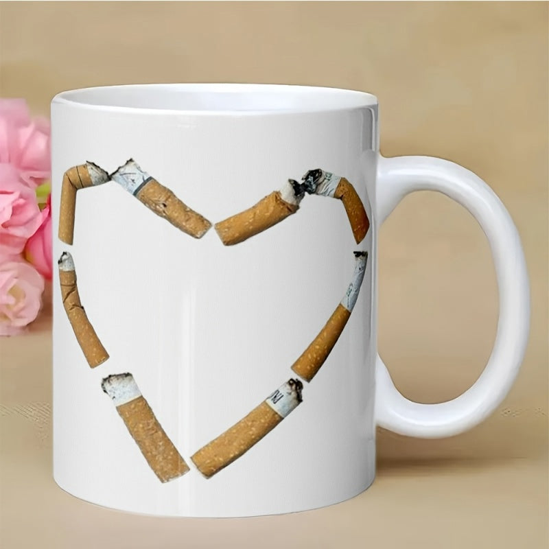 Tailorly White Ceramic 11 oz Mug - Several Used Cigarette Butts Arranged To Form A Symbolic Artistic Shaped Heart