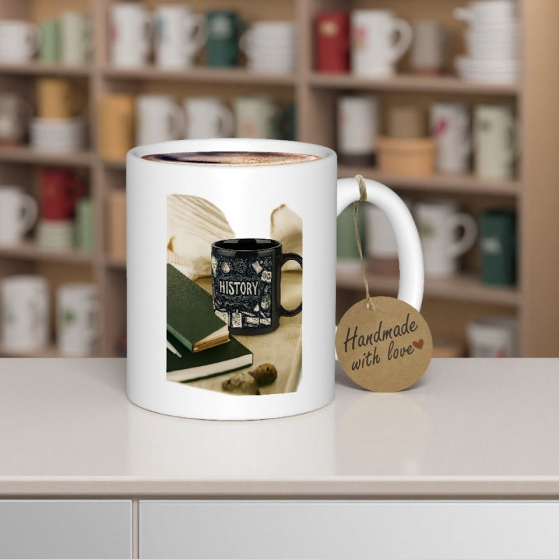 Tailorly White Ceramic 11 oz Mug - Handmade With Love History Rustic Books Beside A Dark Cup With Scholarly Symbols Mug