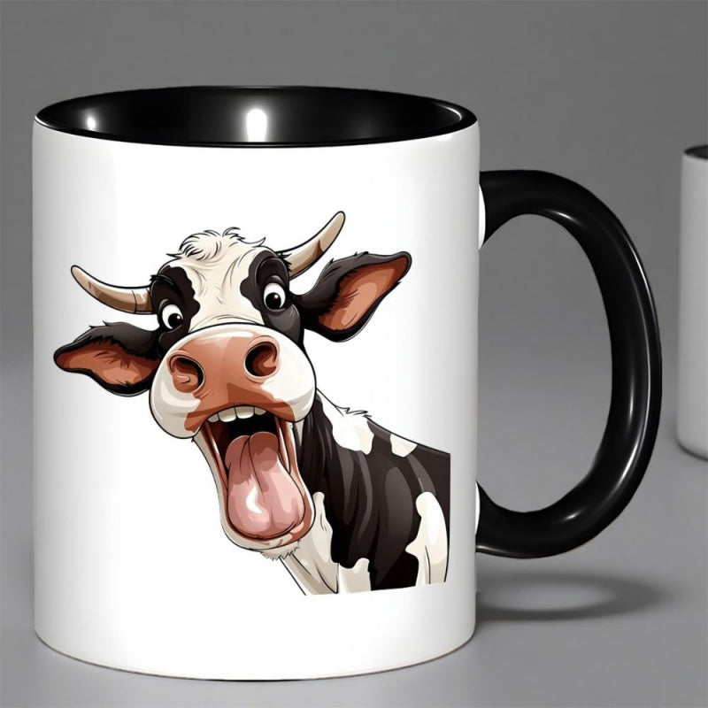 Tailorly Black Accent 11 oz Mug - cow face with eyes and tongue cartoon design