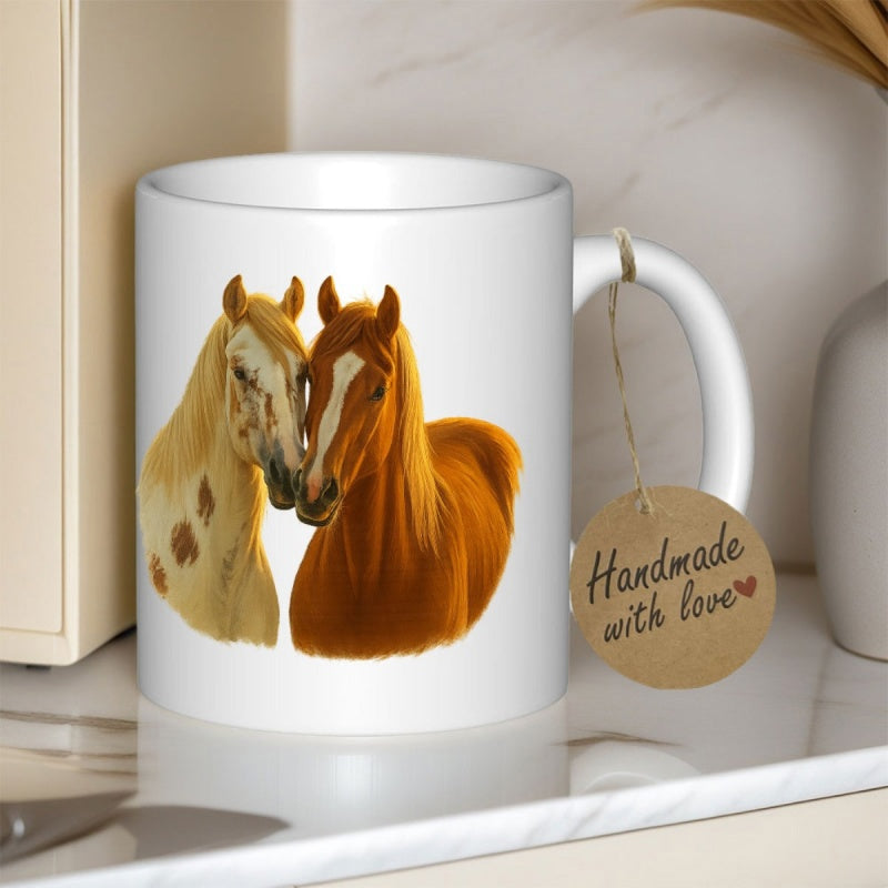 Tailorly White Ceramic 11 oz Mug - Two Majestic Stallions Leaning Together Under Soft Warm Natural Light Horse