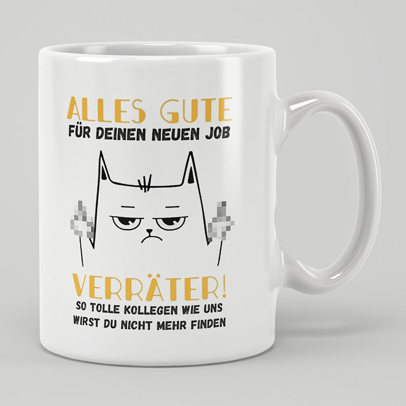 Tailorly White Ceramic 11 oz Mug - Minimalist Line Drawing Of An Angry Grumpy Frowning Feline Expression Cat