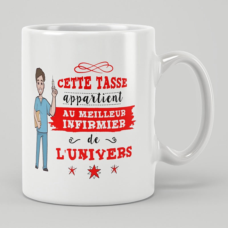 Tailorly White Ceramic 11 oz Mug - Cartoon Male Professional Character Standing Near Decorative Red Banners And Stars Nurse