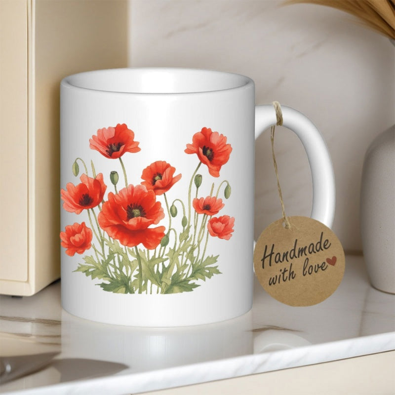 Tailorly White Ceramic 11 oz Mug - Handmade With Love Vibrant Red Wildflowers Growing In A Lush Green Summer Field Poppy