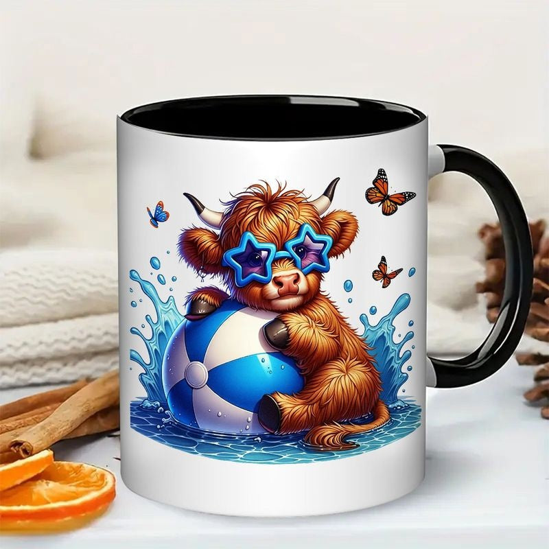 Tailorly Black Accent 11 oz Mug - cute scottish highland cow with glasses and ball design