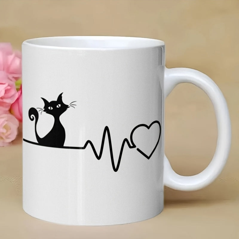 Tailorly White Ceramic 11 oz Mug - Minimalist Black Silhouette Sitting Beside A Pulse Line And Heart Cat