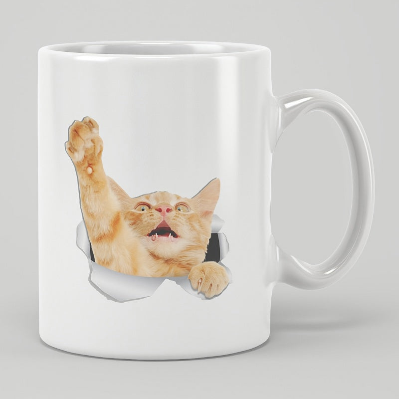 Tailorly White Ceramic 11 oz Mug - Playful Ginger Feline Bursting Through A Realistic Torn Hole Effect Cat