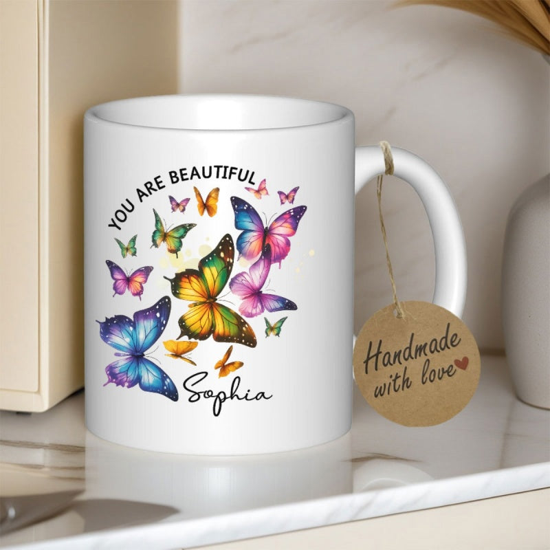 Tailorly White Ceramic 11 oz Mug - You Are Beautiful Sophia Vibrant Watercolor Wings Fluttering Gracefully In A Gentle Spring Breeze Butterfly