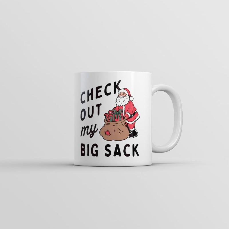 Tailorly White Ceramic 11 oz Mug - Check Out My Big Sack Jolly Santa Claus Standing Beside A Large Brown Full Gift Bag Santa