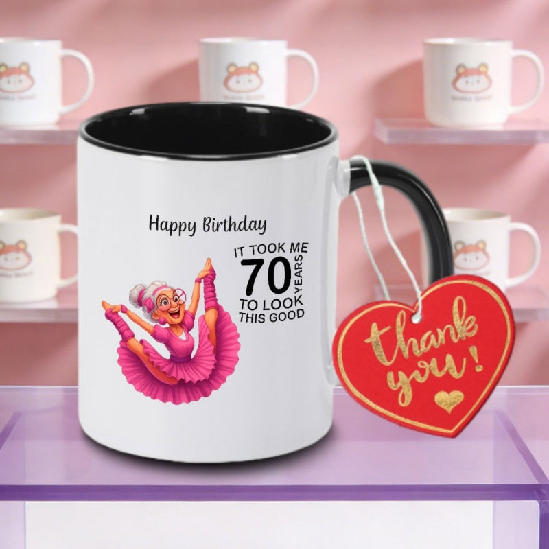 Tailorly Black Accent 11 oz Mug - 70th birthday funny ballerina design with happy birthday text