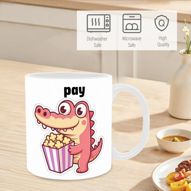 Tailorly White Ceramic 11 oz Mug - Pay Cute Pink Cartoon Alligator Holding A Tub Of Tasty Popcorn Crocodile