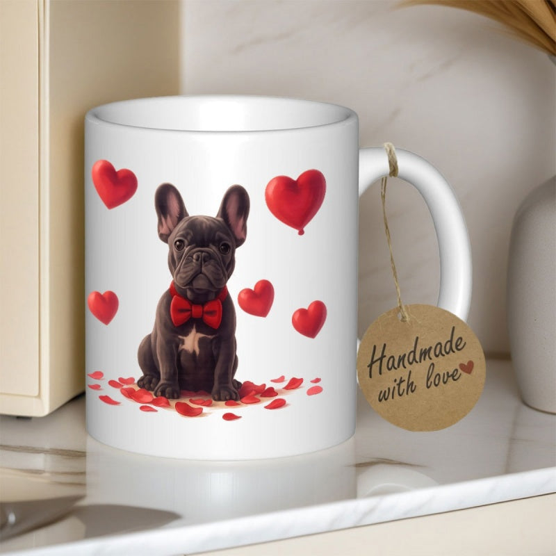Tailorly White Ceramic 11 oz Mug - Adorable French Bulldog Wearing Red Bowtie Surrounded By Floating Hearts Dog