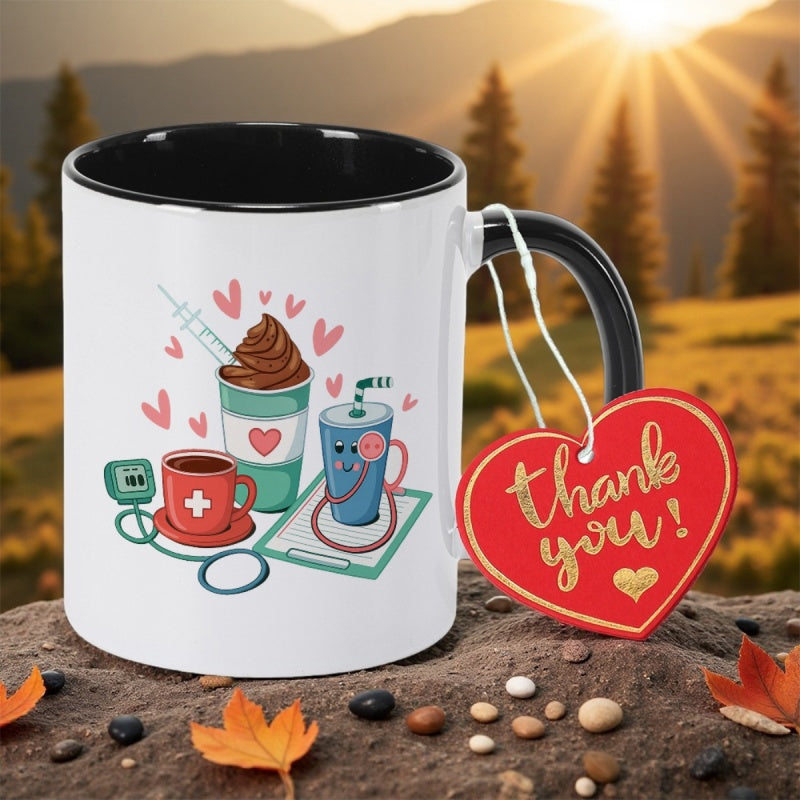 Tailorly Black Accent 11 oz Mug - sweet treats coffee mug with cute nurse icons