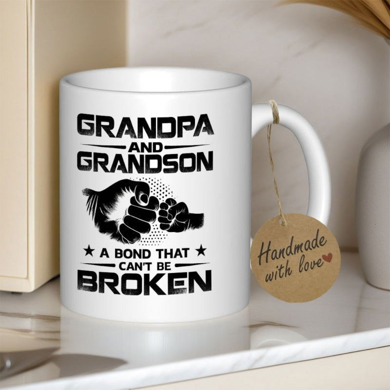 Tailorly White Ceramic 11 oz Mug - Grandpa And Grandson A Bond That Cant Be Broken Two Stylized Hands Bumping Fists Surrounded By Decorative Stars And Lines Mug