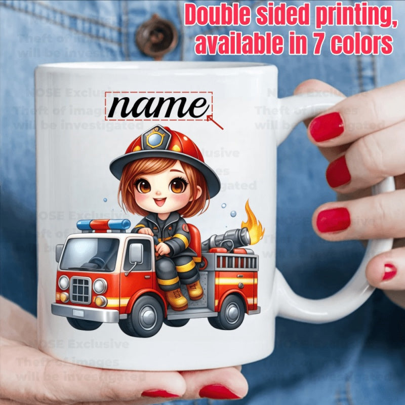 Tailorly White Ceramic 11 oz Mug - Name Cute Cartoon Girl Firefighter Sitting On A Bright Red Vintage Engine Firetruck