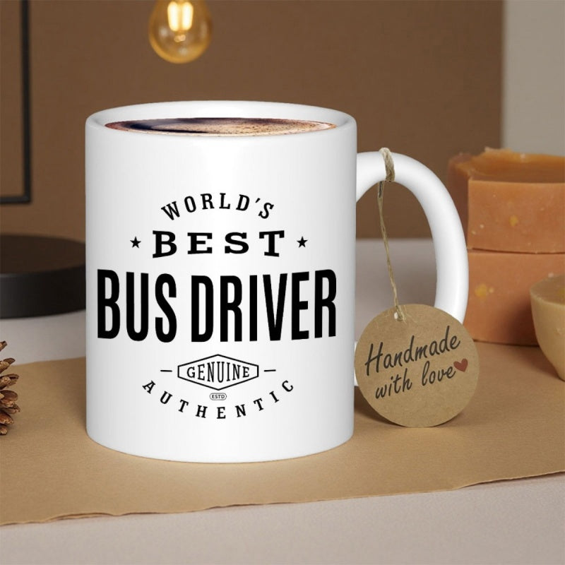 Tailorly White Ceramic 11 oz Mug - World's Best Bus Driver Genuine Authentic Minimalist Black Typography Featuring Bold Vintage Style Lettering With Decorative