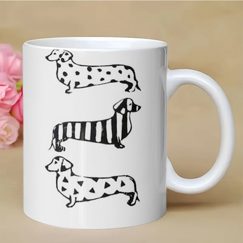 Tailorly White Ceramic 11 oz Mug - Three Minimalist Stylized Dogs With Bold Geometric Patterned Coats Dachshund