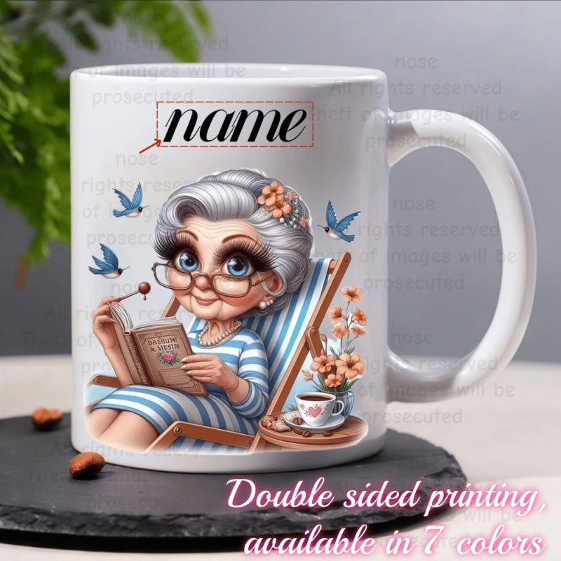 Tailorly White Ceramic 11 oz Mug - Name Peaceful Elderly Woman Reading In Garden Lounge Chair Grandmother