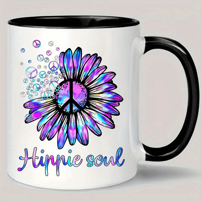 Tailorly Black Accent 11 oz Mug - blue green daisy peace symbol design