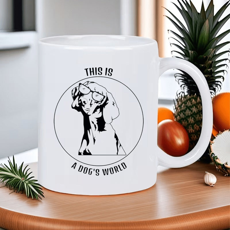 Tailorly White Ceramic 11 oz Mug - This Is A Dogs World Stylized Minimalist Black And White Illustration With Glasses Inside A Circle Dog