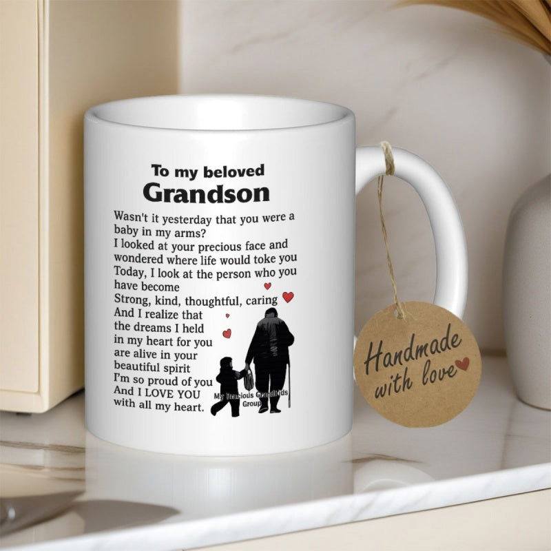 Tailorly White Ceramic 11 oz Mug - To My Beloved Grandson Heartfelt Sentimental Poem Featuring Grandparent And Child Walking Silhouette
