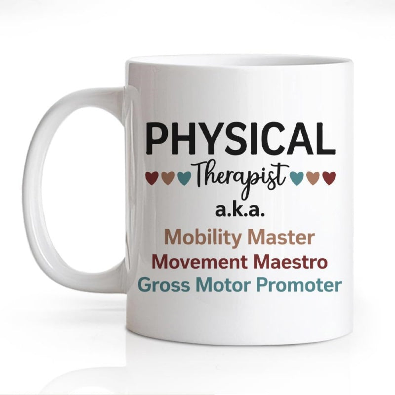 Tailorly White Ceramic 11 oz Mug - Physical Therapist Aka Mobility Master Movement Maestro Gross Motor Promoter Minimalist Small Colorful Hearts Arranged Across A