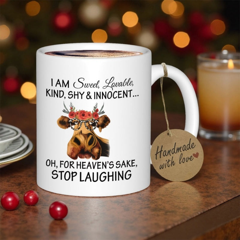 Tailorly White Ceramic 11 oz Mug - I Am Sweet Lovable Kind Shy Innocent Oh For Heavens Sake Stop Laughing Whimsical Farmhouse Cow Wearing Colorful Flower Crown And