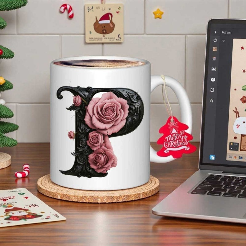 Tailorly White Ceramic 11 oz Mug - P Ornate Black Vintage Style Adorned With Elegant Pink Blooming Rose Floral Petals Letter