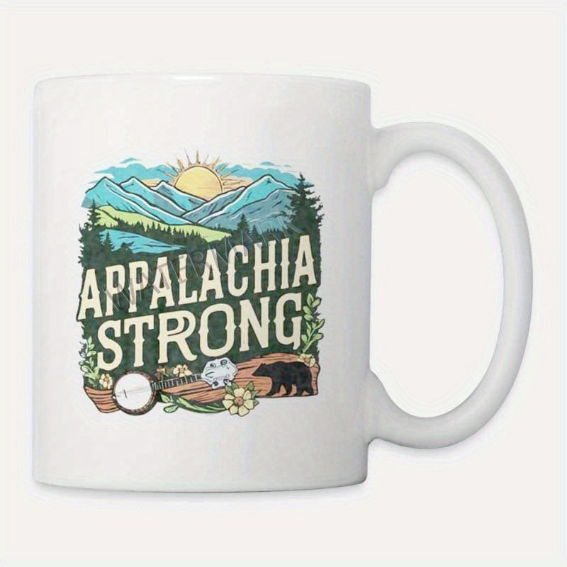 Tailorly White Ceramic 11 oz Mug - Appalachia Strong Majestic Forest Landscape Under Glowing Sun With Walking Black Bear Mountain
